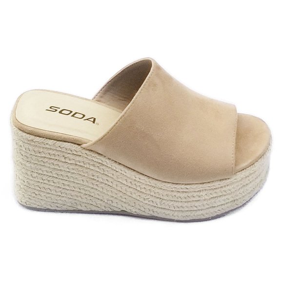 New Wheat Beige Slip on Espadrille Platform Wedge Slides Sandals - Picture 2 of 4